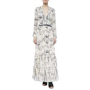 Haute Hippie Silk Maxi Dress Ivory Black Floral Feather Bouquet Size 6 Women